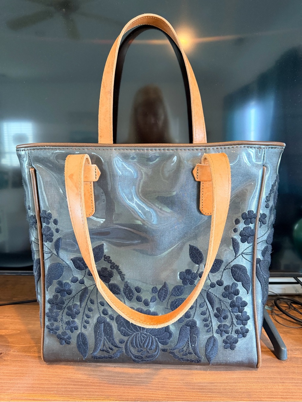 Consuela Black Floral Tote with Tan Leather Handles - Picture 4 of 10